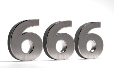 Beyaz zemin üzerinde çelikten yapılmış 666 numara. 3 Boyutlu Hazırlama.
