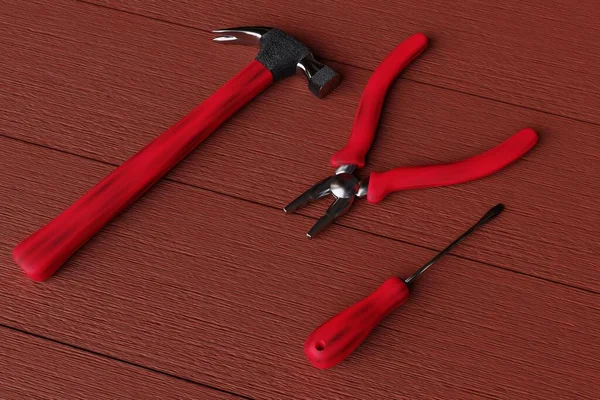 Hammer Pliers Screwdriver Wooden Background Hand Tools Render — Foto Stock