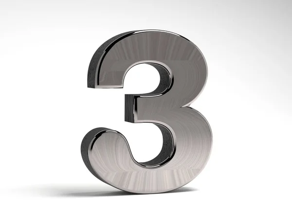 Número Tres Acero Sobre Fondo Blanco Figura Volumétrica Metal Renderizado — Foto de Stock