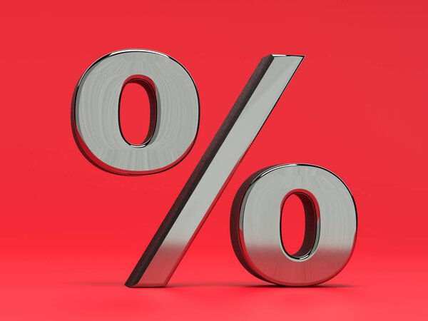 Sign percent made of steel on a red background. 3D render.