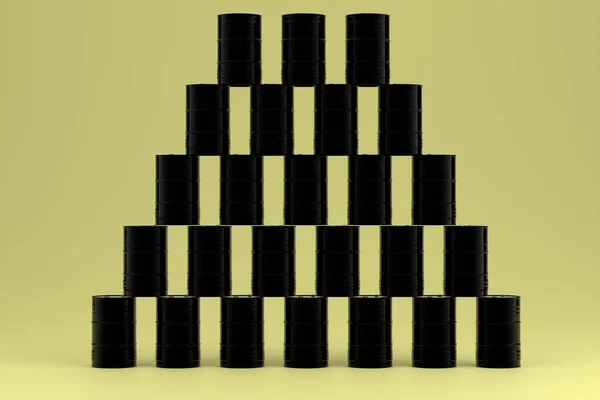 Black iron barrels for industrial oil. The barrels for diesel fuel are stacked. Yellow background. 3d render