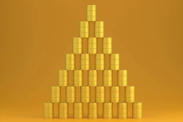 Metal Gold Barrels Industrial Oil Pyramid Iron Barrels Expensive Diesel — Stock Photo, Image