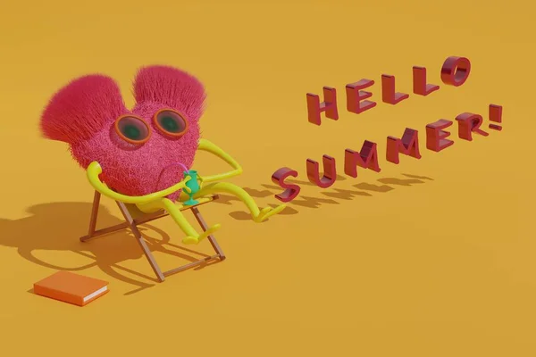 Hello Summer Summer Background Fluffy Heart Sits Sun Lounger Drinks — Stock Photo, Image
