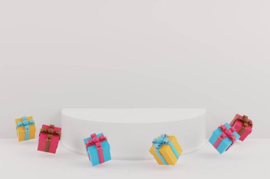 Boş alanı olan bir gösteri. Yaya ya da kürsüde hediyeler. 3 Boyutlu Hazırlama.