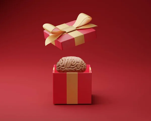 Kreatywny Pomysł Prezent Pudełko Mózgiem Środku Czerwone Tło Renderowanie — Zdjęcie stockowe