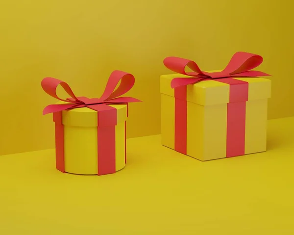 Regalos Redondos Cuadrados Sobre Fondo Amarillo Dos Cajas Regalo Amarillas — Foto de Stock