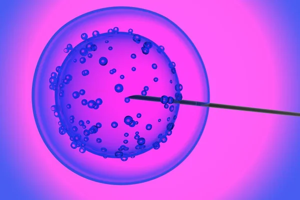 Künstliche Befruchtung Spritze Die Auf Rotem Hintergrund Die Zelle Eindringt — Stockfoto