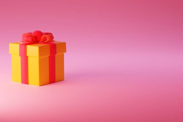 Подарочная коробка с бантиком на розовом фоне. Желтый подарок с красной лентой. Бэннер, место для проверки. 3D рендеринг.