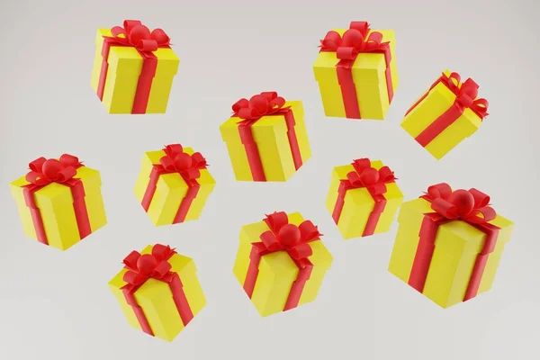 许多礼物在白色的背景上飘扬 黄色的盒子 红色的弓 3D渲染 — 图库照片