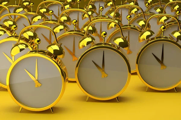 Sarı Arka Planda Bir Sürü Altın Alarm Saati Var Zaman — Stok fotoğraf