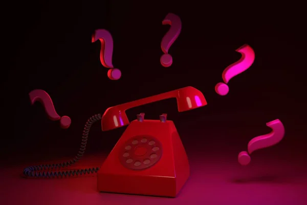 Nieznana Koncepcja Połączenia Telefon Kolorze Czerwonym Znakami Zapytania Renderowanie — Zdjęcie stockowe