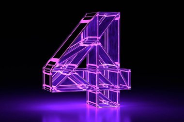 Neon parlayan hacim 3D numara 4. Mor. Dijital tasarım. 3 Boyutlu Hazırlama.
