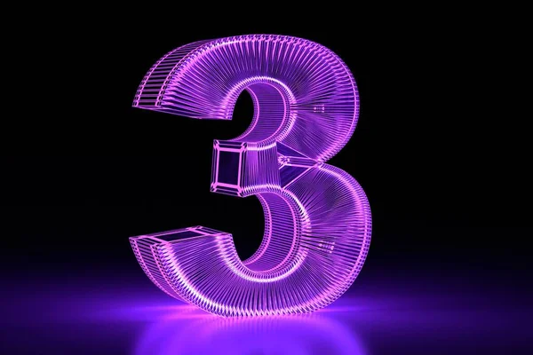 Неонове Сяюче Ємне Число Три Фіолетовий Цифровий Дизайн Візуалізація — стокове фото