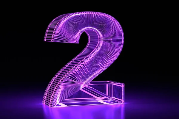 Neon Świecący Objętościowo Numer Dwa Fioletowy Cyfrowy Design Renderowanie — Zdjęcie stockowe