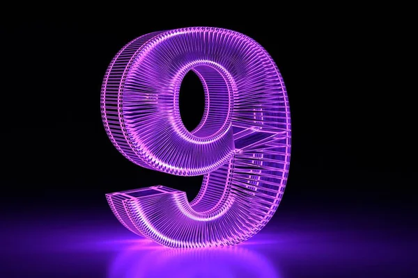 Neonowe Świecące Objętościowo Numer Dziewięć Fioletowy Cyfrowy Design Renderowanie — Zdjęcie stockowe