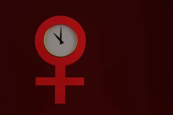 带有时钟的女性性别符号 更年期的概念 红色背景 3D渲染 — 图库照片