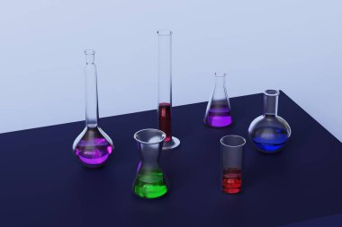 Farklı renklerde sıvı içeren kimyasal konteynırlar. Kimyasal deneyler, laboratuvar, bakteriyoloji. 3d hazırlayıcı