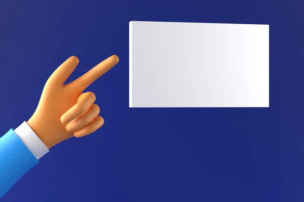 Cartoon Hand Businessman Pointing Blank White Card Blue Background Place — Stockfoto