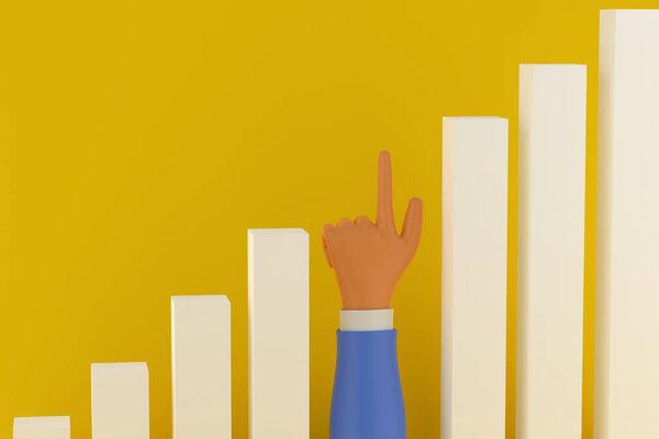 Growth chart and cartoon businessman hand. Yellow background. Business coaching concept. 3d render
