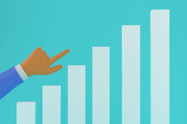 Growth chart and cartoon businessman hand. turquoise background. Business coaching concept. 3d render