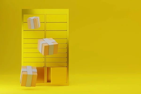 Shopping locker. Delivery boxes on a yellow background and levitating parcels. 3d render
