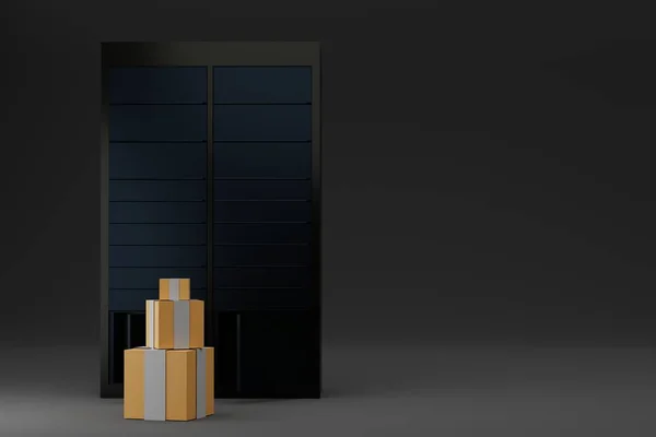 Shopping locker. Delivery boxes on a dark background, packed boxes. Place for text. 3d render