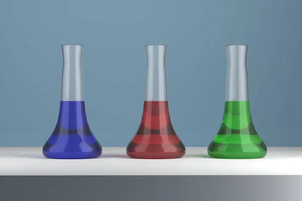 Chemical containers with liquids of different colors. 3d render