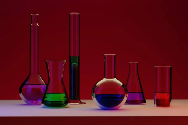 Chemical containers with liquids of different colors. Chemical experiments, laboratory, bacteriology. 3d render
