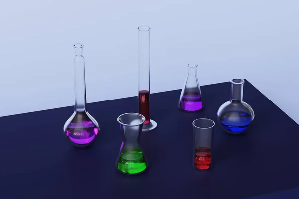 Chemical containers with liquids of different colors. Chemical experiments, laboratory, bacteriology. 3d render