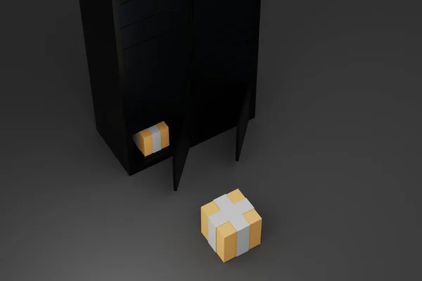 ショッピングロッカー 暗い背景に宅配ボックス 梱包箱 3Dレンダリング — ストック写真