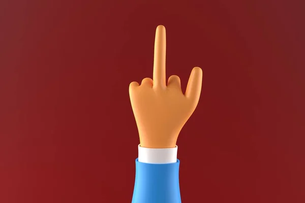 Businessman cartoon hand holding obscene middle finger gesture. Red background. 3d render