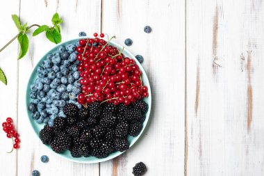 Taze böğürtlen, yaban mersini, böğürtlen ve beyaz ahşap arka planda bir tabakta kırmızı frenk üzümü. Metnin için yer.