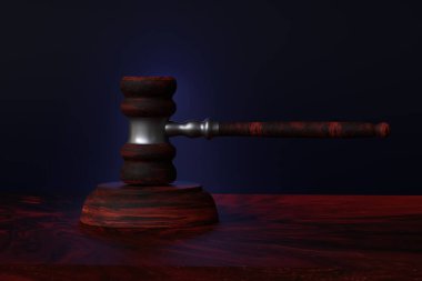 Karanlık bir arka planda adli ahşap tokmak. Adalet, hukuk sembolü. 3 Boyutlu Hazırlama.