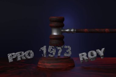 Kadın hakları ihlali kavramı. Yargıcın tokmağı, Roe ve Wade arasındaki yazıya uyuyor. 3 Boyutlu Hazırlama.