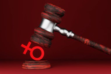 Kadın hakları ihlali kavramı. Yargıcın tokmağı kadınların tabelasına çarpıyor. Roe, Wade 'e karşı. 3 Boyutlu Hazırlama.