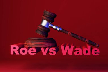 Kadın hakları ihlali kavramı. Yargıcın tokmağı ve Roe 'nun Wade' e açtığı yazı. 3 Boyutlu Hazırlama.