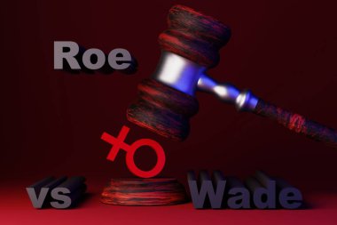 Kadın hakları ihlali kavramı. Yargıcın tokmağı kadınların tabelasına çarpıyor. Roe, Wade 'e karşı. 3 Boyutlu Hazırlama.