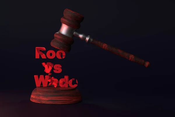 The concept of violation of women's rights. The judge's gavel hits the inscription - Roe vs Wade. 3D render.