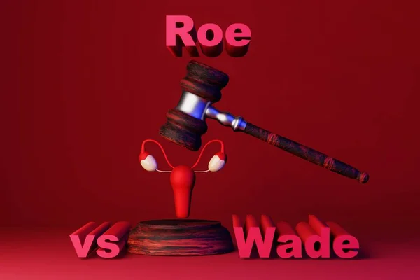 The concept of violation of women's rights. The judge's gavel and the inscription - Roy vs. Wade. The symbol of a woman is the uterus. Cancellation of the right to abortion. 3D render.