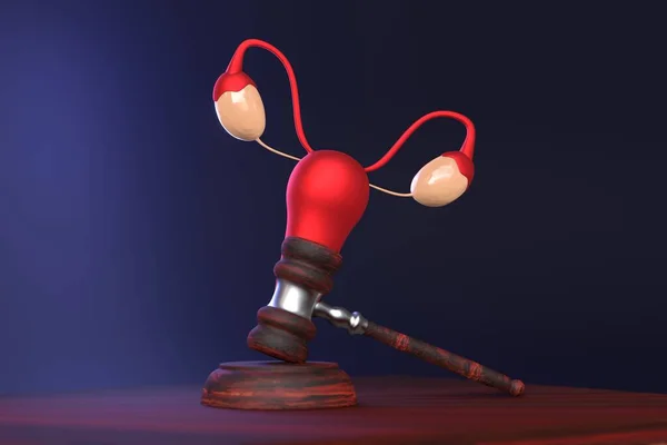 Violation of women's rights to abortion concept. Passing a law banning abortion. Judicial gavel with the symbol of the female uterus. 3D render.