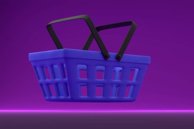 Mor arka planda mavi market sepeti. Alışveriş konsepti. 3 Boyutlu Hazırlama.