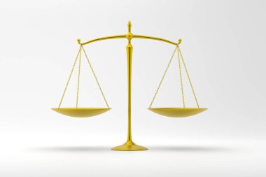 Scales of justice in golden color on a white background. Court symbol. 3d render.