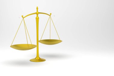 Scales of justice in golden color on a white background. Turned to the side. Court symbol. Place for text. 3d render