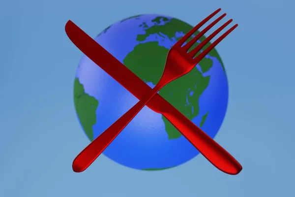 food crisis on the planet concept. Red fork and knife on the background of the planet earth. 3D render.