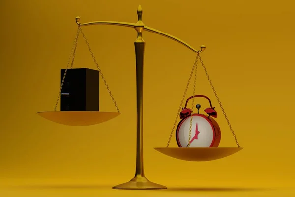 Time is money concept. Scales of justice with bank safe and alarm clock. The value of time. 3d render