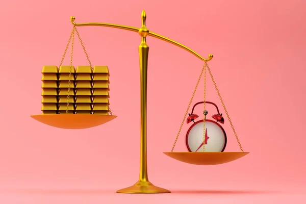 Time is money concept. Scales of justice with gold bars and an alarm clock. The value of time. Pink background. 3d render