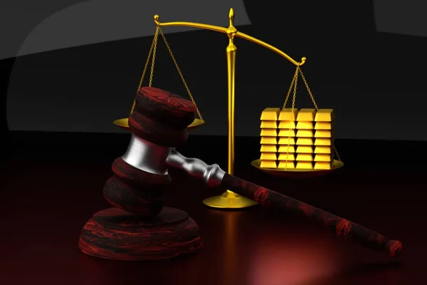 Corrupção Conceito Tribunal Escalas Judiciais Martelo Barras Ouro Superam Justiça — Fotografia de Stock