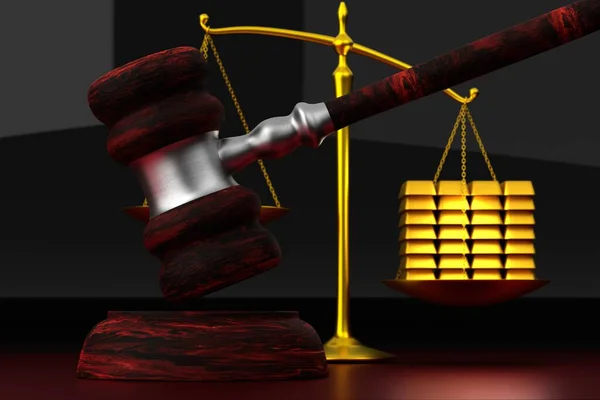 Corruption Court Concept Judicial Scales Gavel Gold Bars Outweigh Justice — Fotografia de Stock