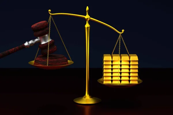 Corruption in court concept. Judicial scales and gavel. Gold bars outweigh justice. 3d render