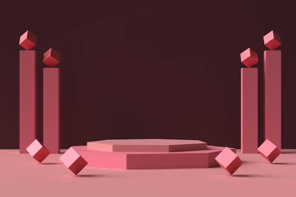 Pink Podium Dark Red Wall Columns Square Shapes Showcase Render — ストック写真